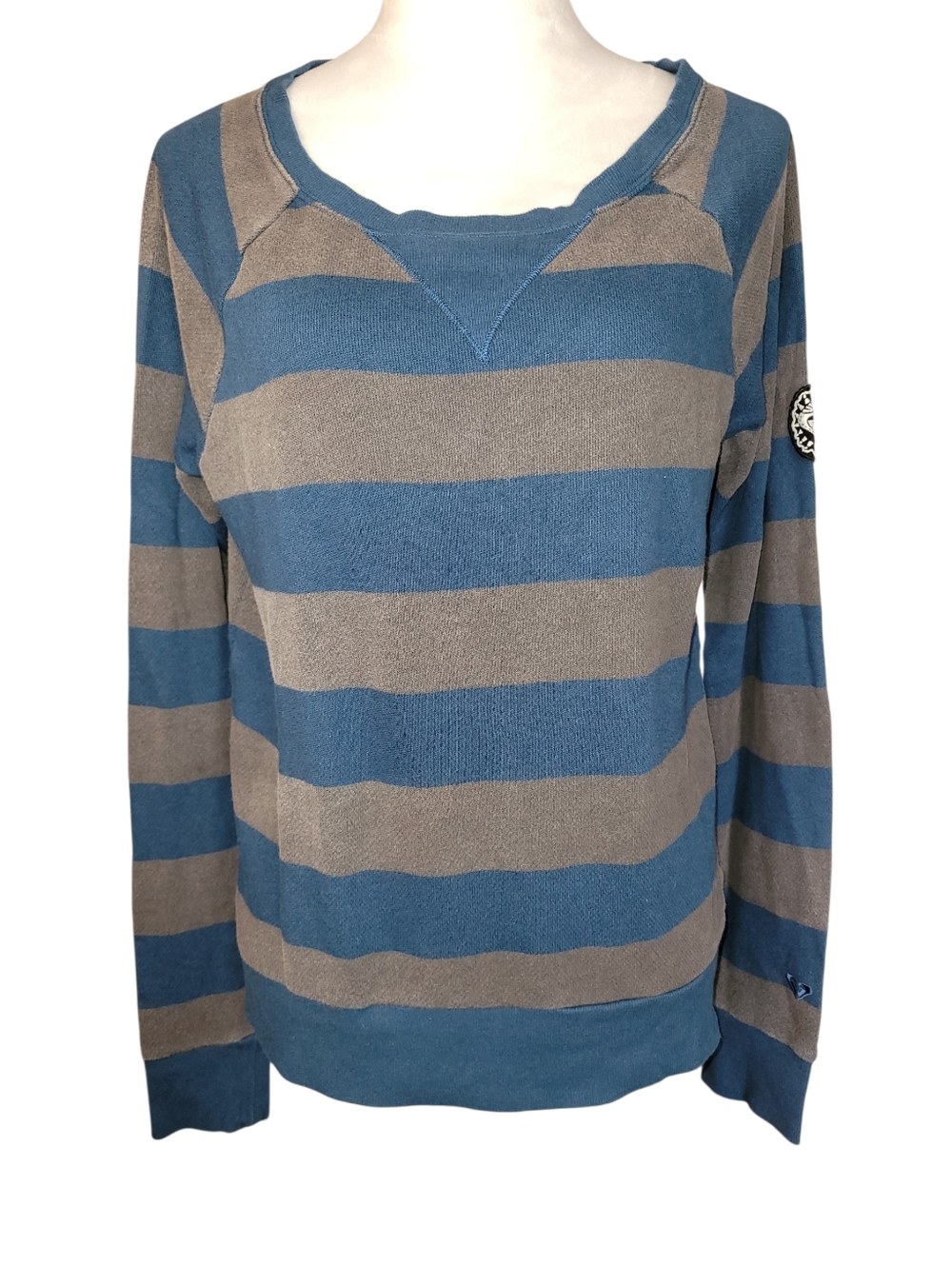 Roxy Teal & Gray Striped Pullover Round Neck Long Sleeve Sweater Junior's XL
